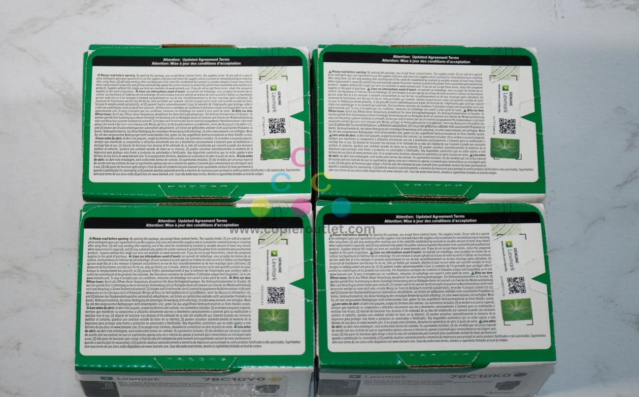 4 OEM Lexmark CS421dn,CS521dn,CS622de CMYK Toners 78C10C0,78C10M0,78C10Y0,78C10K0