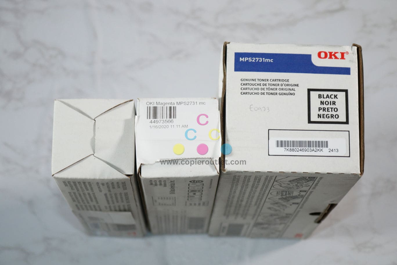 3 Cosmetic OEM OKI MPS2731mc CMK Toner Cartridges 44973566, 44973567, 44973568