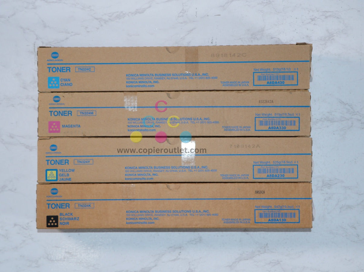 New Genuine Konica Minolta Bizhub C258 C308 C368 CMYK Toner Cartridges TN324