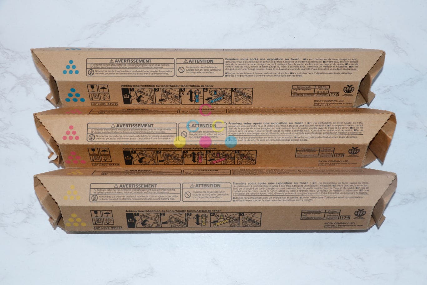 3 New OEM Ricoh MP C400, C240, LD140C, C401 CMY Toners 841725,841726,841727