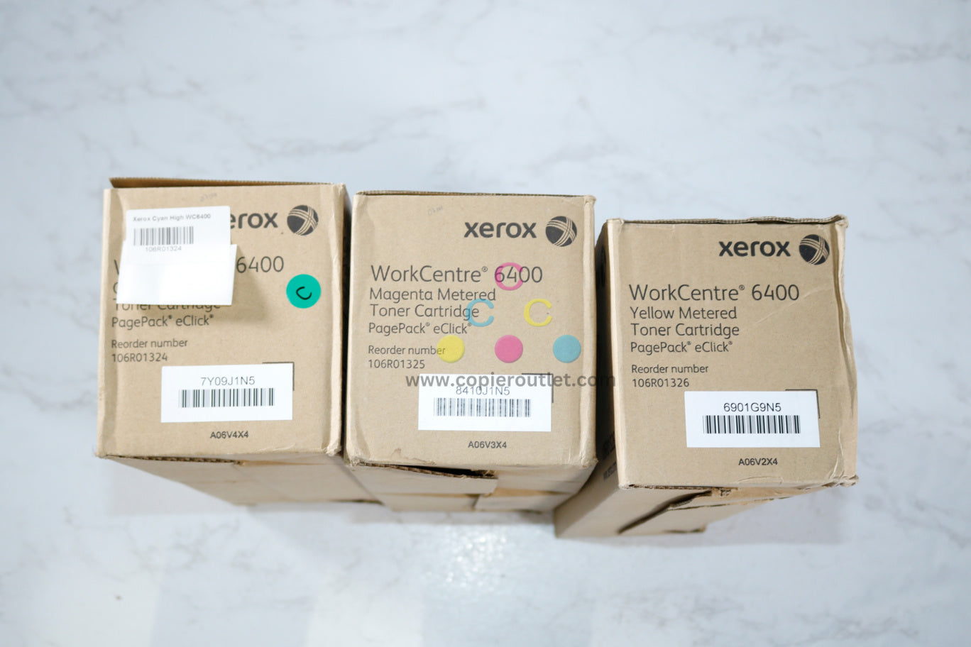3 Cosmetic OEM Xerox WorkCentre 6400 CMY Metered Toner Cartridges 106R01324,25,26