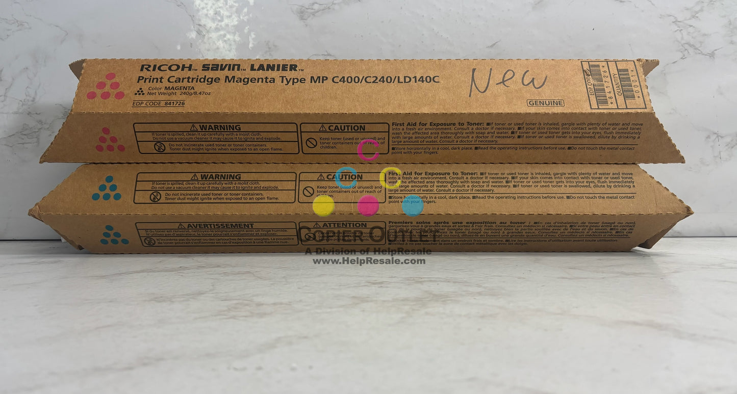 2 Genuine Ricoh MP C400,C240,LD140C Cyan & Magenta Toners 841725, 841726