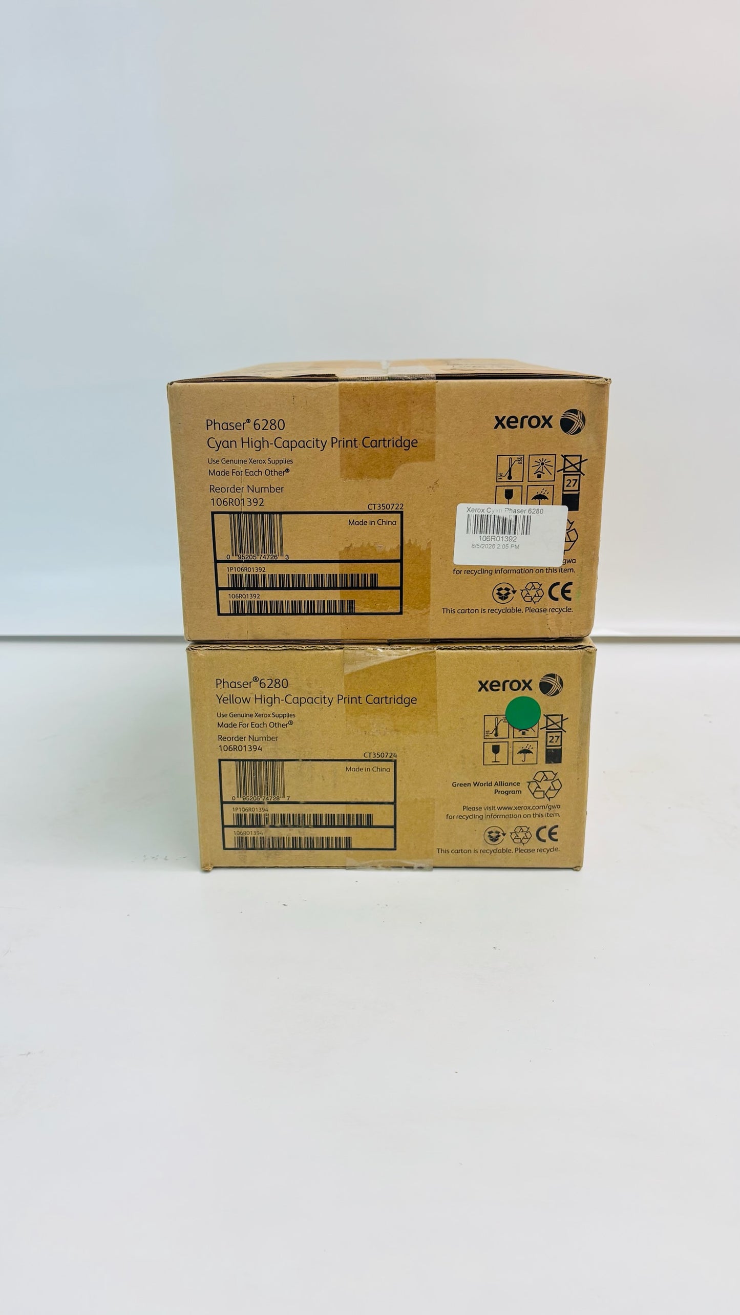 2 Genuine Xerox 6280, 6280DN, 6280N Cyan & Yellow Toners 106R01392, 106R01394