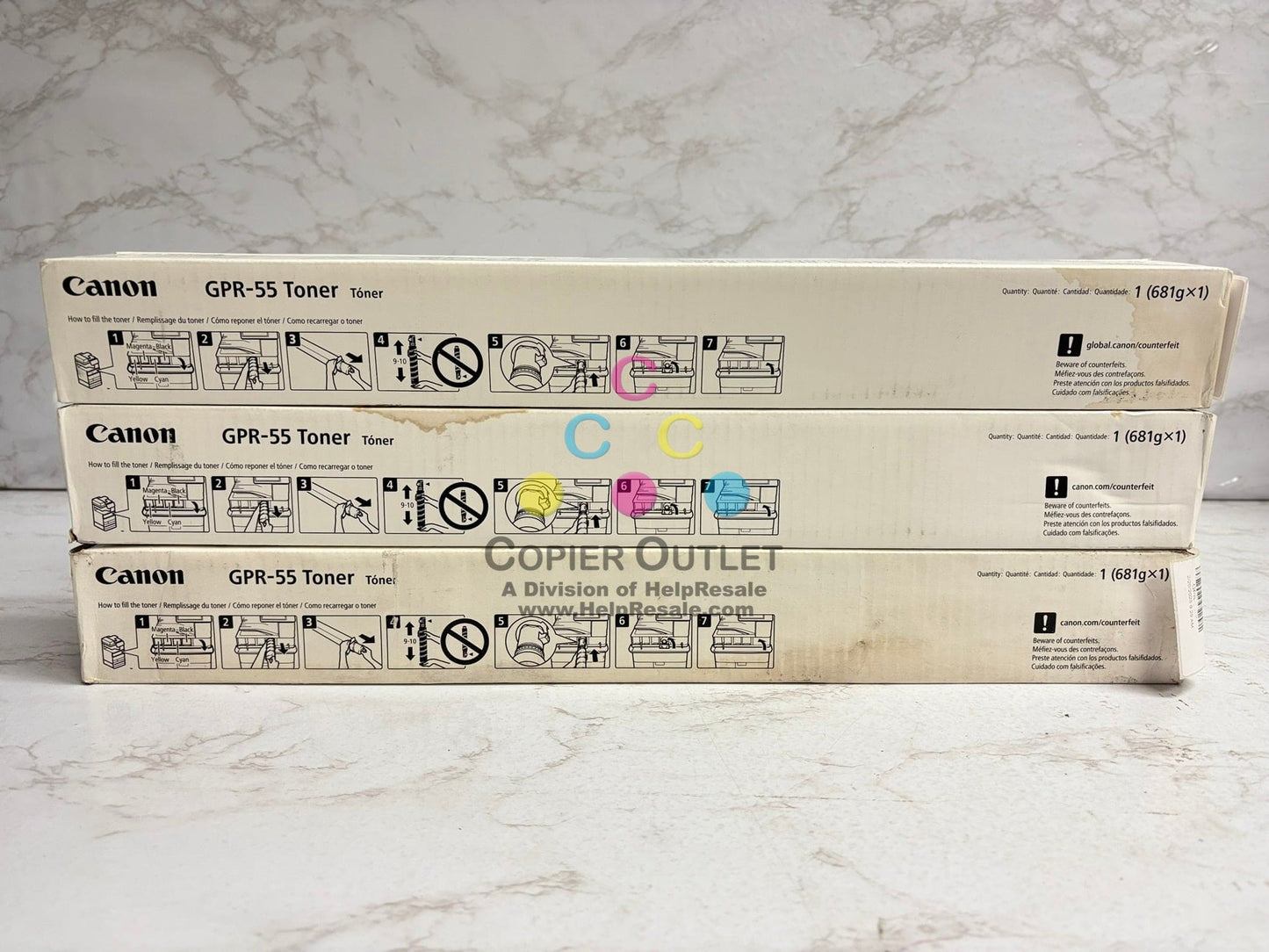 3 OEM Canon iR ADV C5535,C5540,C5550,C5560 GPR-55 CMY Toners (Water Damaged Box)