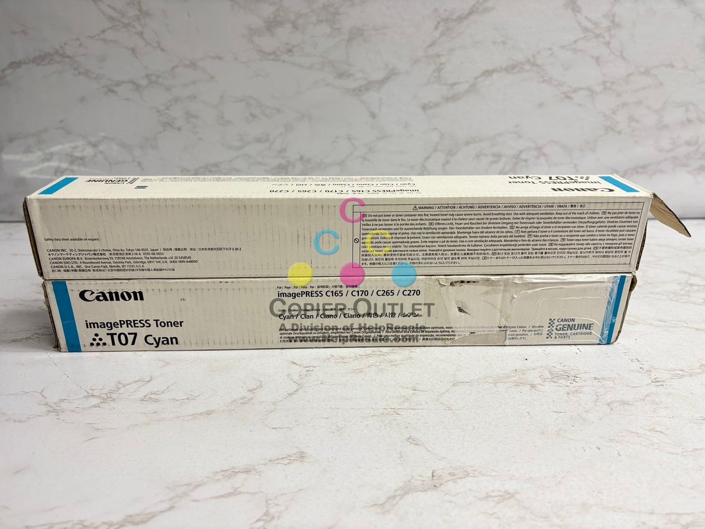 2 Genuine Canon imagePRESS C165,C170,C265,C270 T07 Cyan Toners (1 new & 1 open)