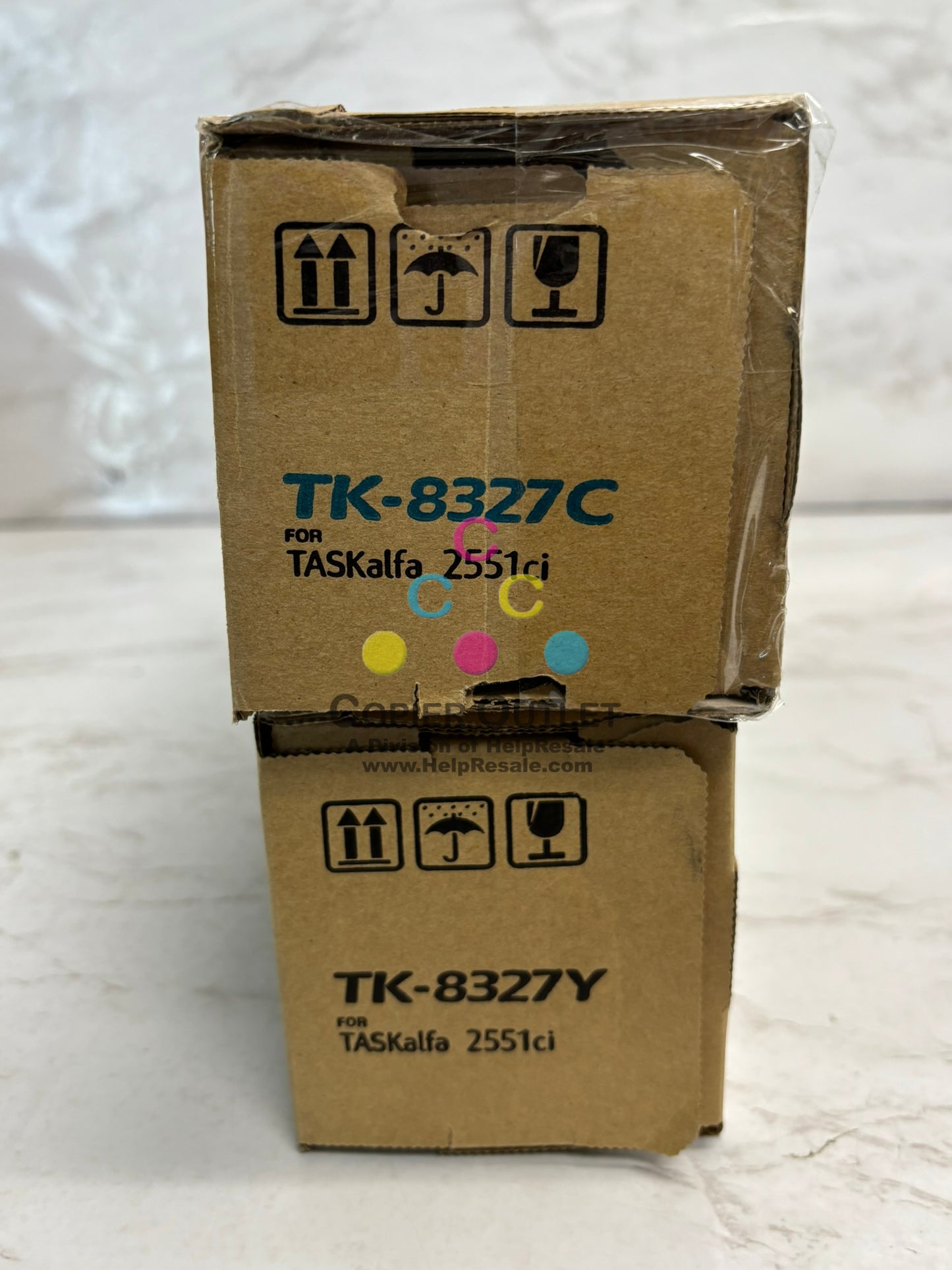 2 OEM Kyocera TASKalfa 2551ci, CS2551ci TK-8327 Cyan & Yellow Toners (Open Cyan)