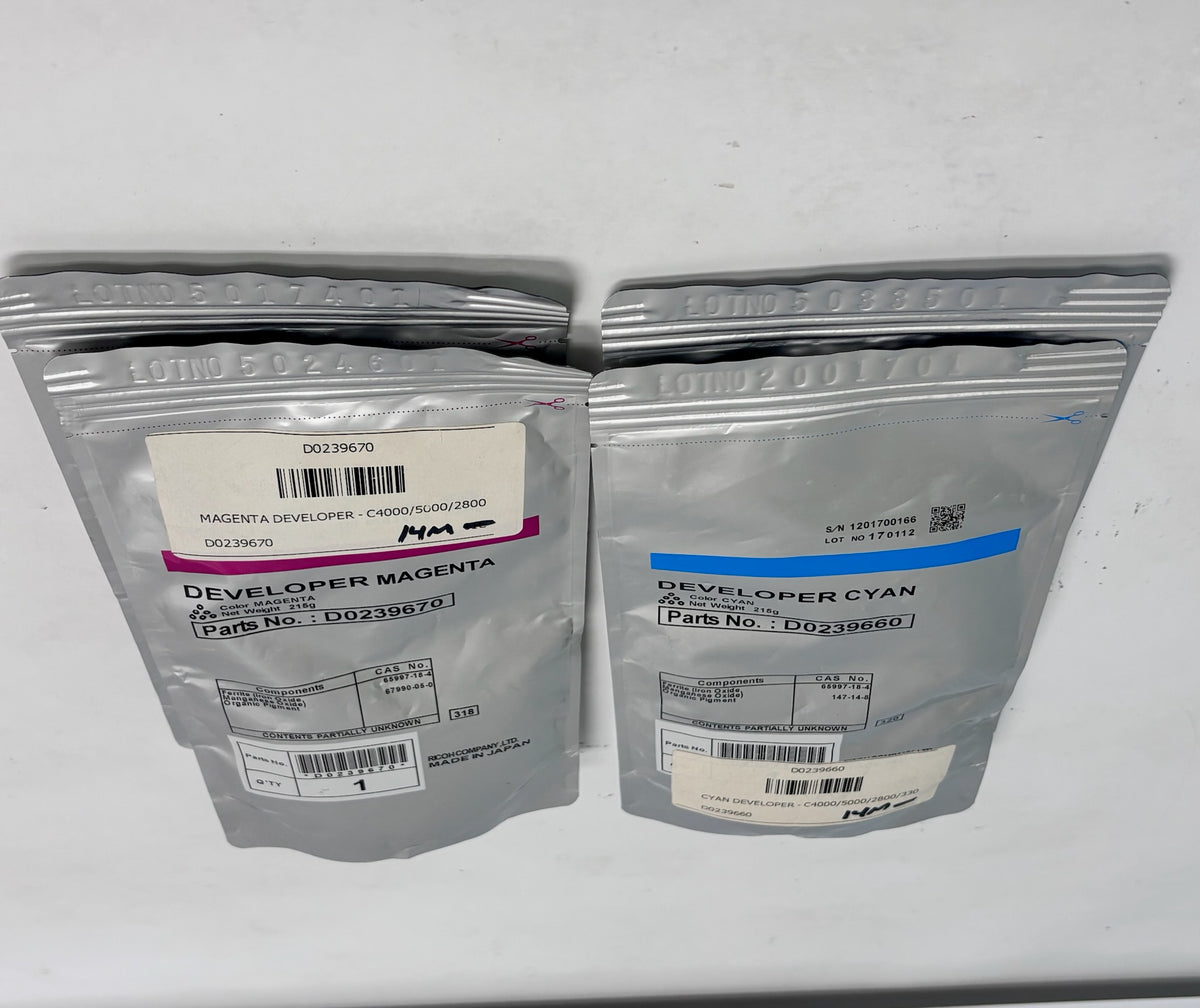 4 Genuine Ricoh MP C2800, C2800SPF Cyan & Magenta Developer D0239660, D0239670