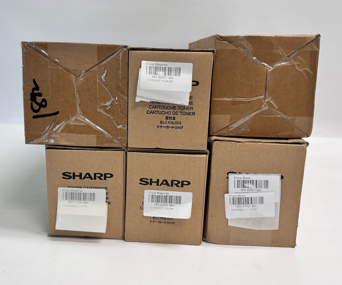 6 Genuine Sharp MX-6204N, 6500N Cyan, Magenta, Yellow & Black Toners MX-62CMMMYK