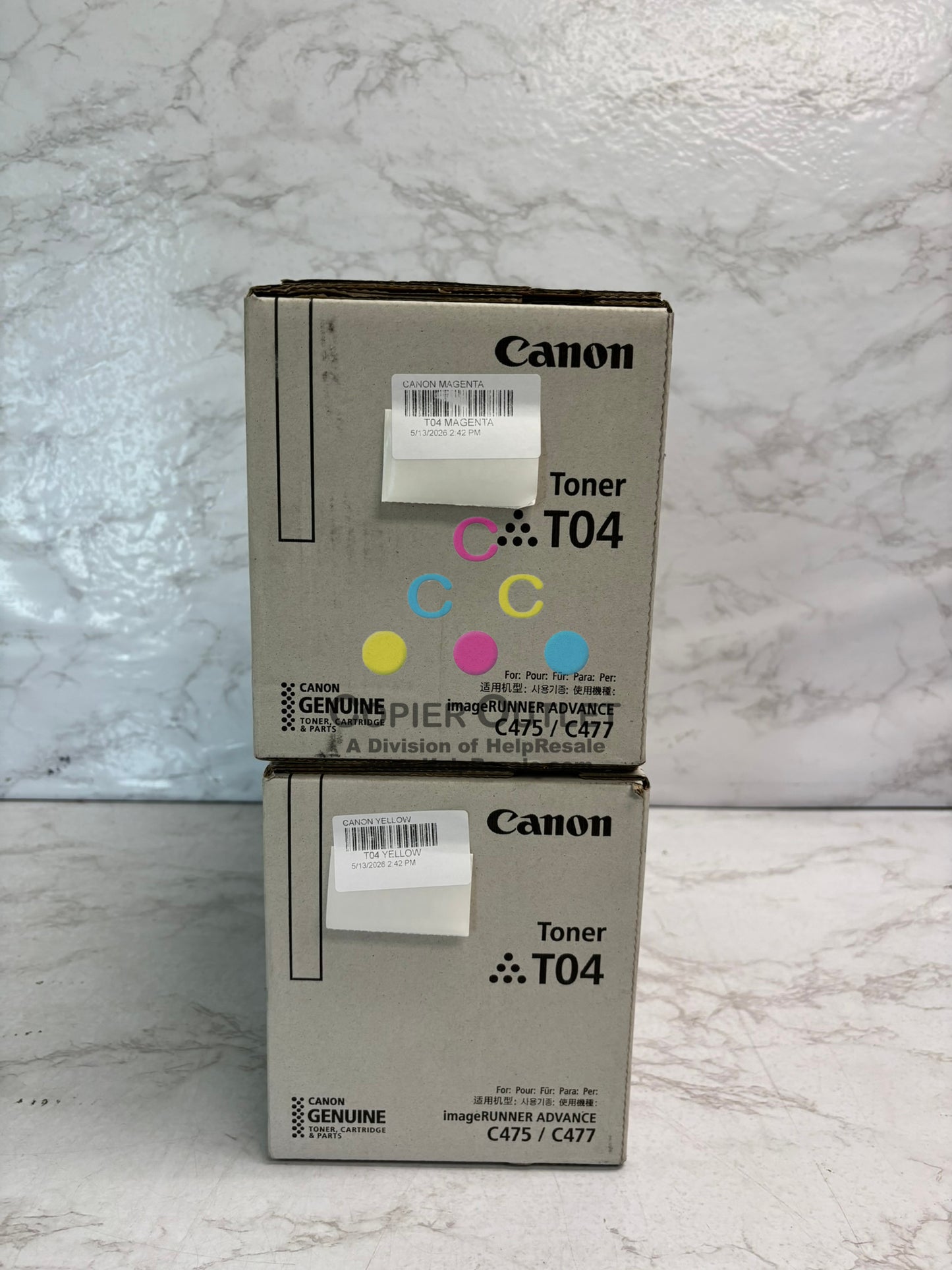 2 Genuine Canon iR Advance C475, C477 Mag & Yellow Toner T04, 2977C001, 2978C001