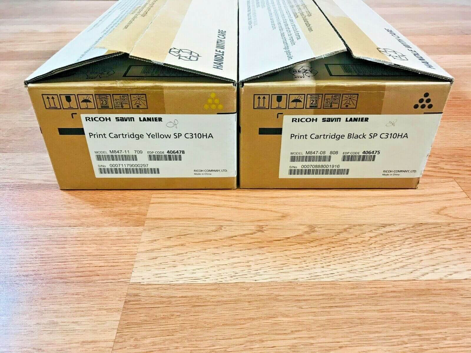 Genuine Ricoh SP C310HA Y&K Print Cartridges EDP: 406478 & 406475 Same Day Ship! - copier-clearance-center