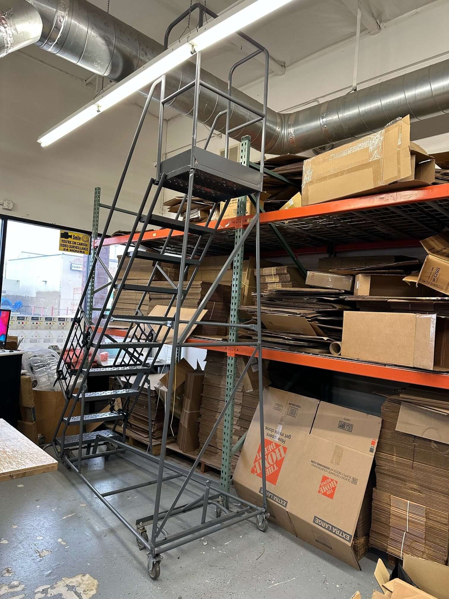 Rolling Steel Ladder 141 inches Total Height 11.75ft, 9 Steps plus Platform - copier-clearance-center