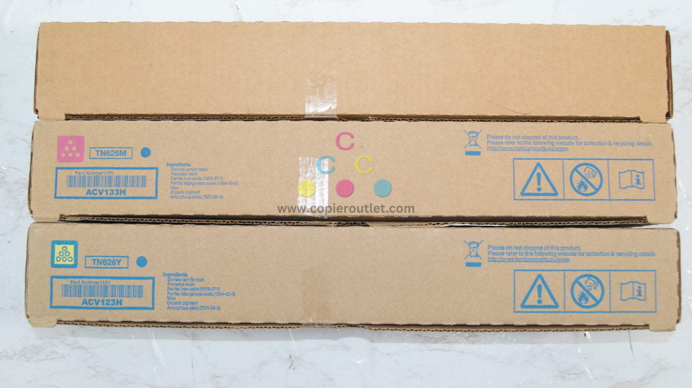 3 OEM Konica C450i,C550i,C650i TN626 CMY Low Yield Toners(Cyan in Plain Box)