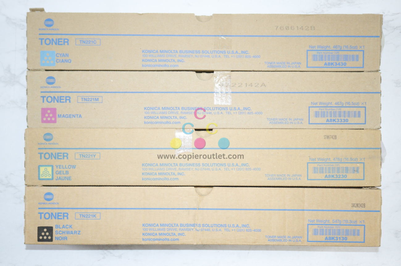 4 New OEM Konica Bizhub C227, C287 CMYK Toners TN221C, TN221M, TN221Y, TN221K