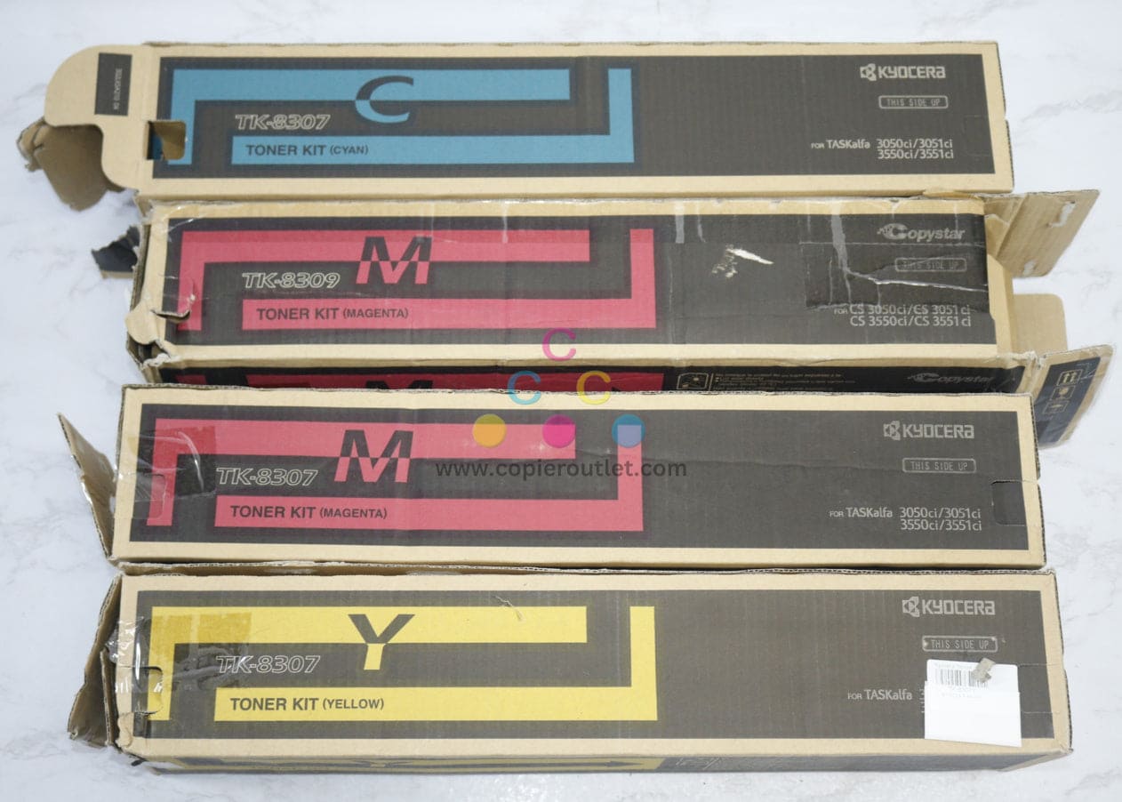 4 Open OEM Kyocera 3050ci,3051ci,3550ci,3551ci TK-8307CMY & TK-8309M Toners