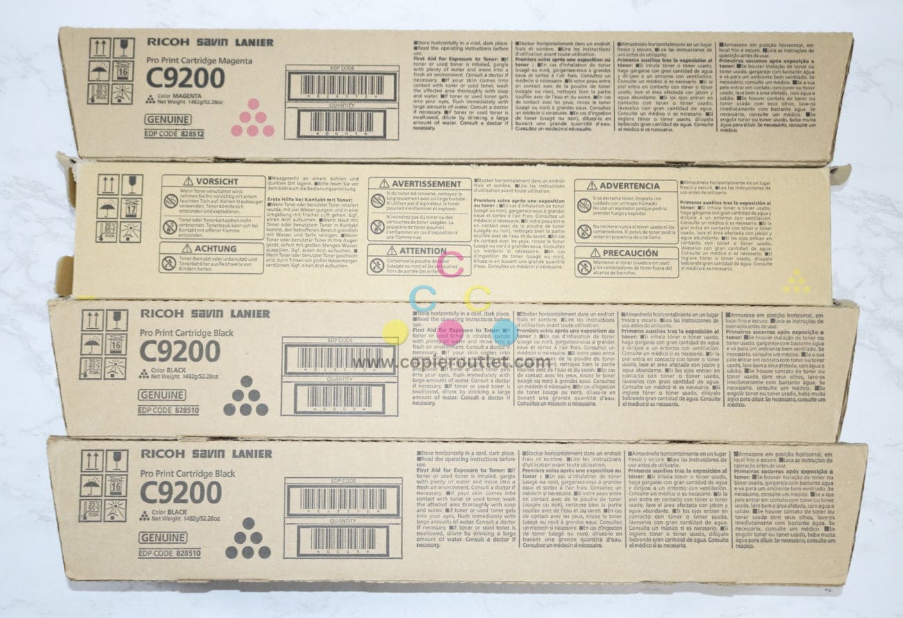4 New OEM Ricoh Pro C9200, C9210 MYKK Toner Cartridges 828510,828512,828566