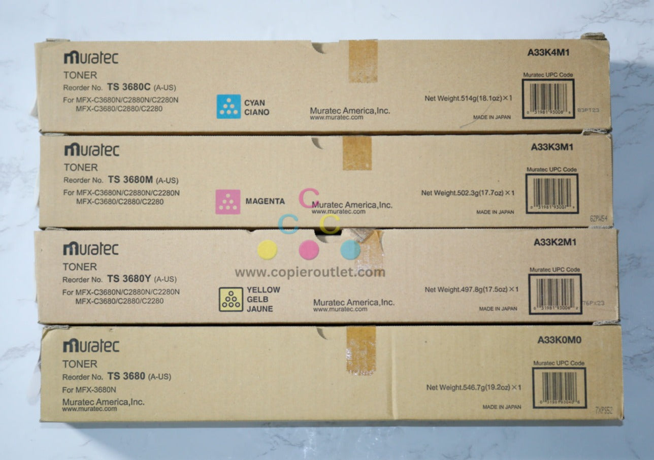 4 New OEM Muratec C3680,C2880,C2280 TS 3680 CMYK Toner A33K0M0,2M1,3M1,4M1