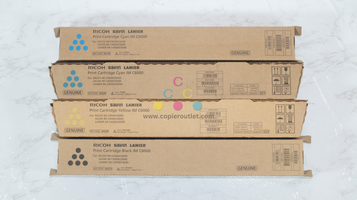 4 Genuine Ricoh IMC4500, C6000 CCYK Toners 842279, 842280, 842282 (No Magenta)