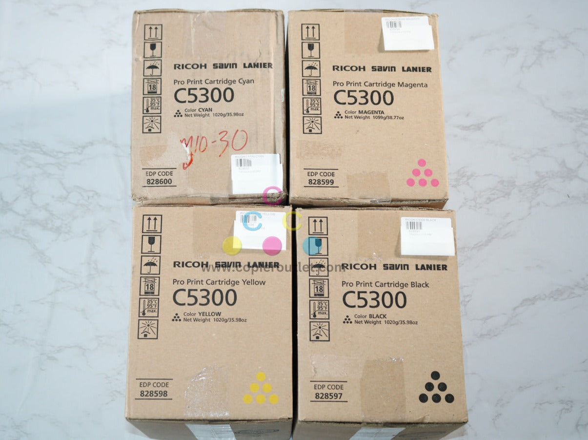 4 New OEM Ricoh Pro C5300s, C5310s CMYK Toners 828597, 828598, 828599, 828600