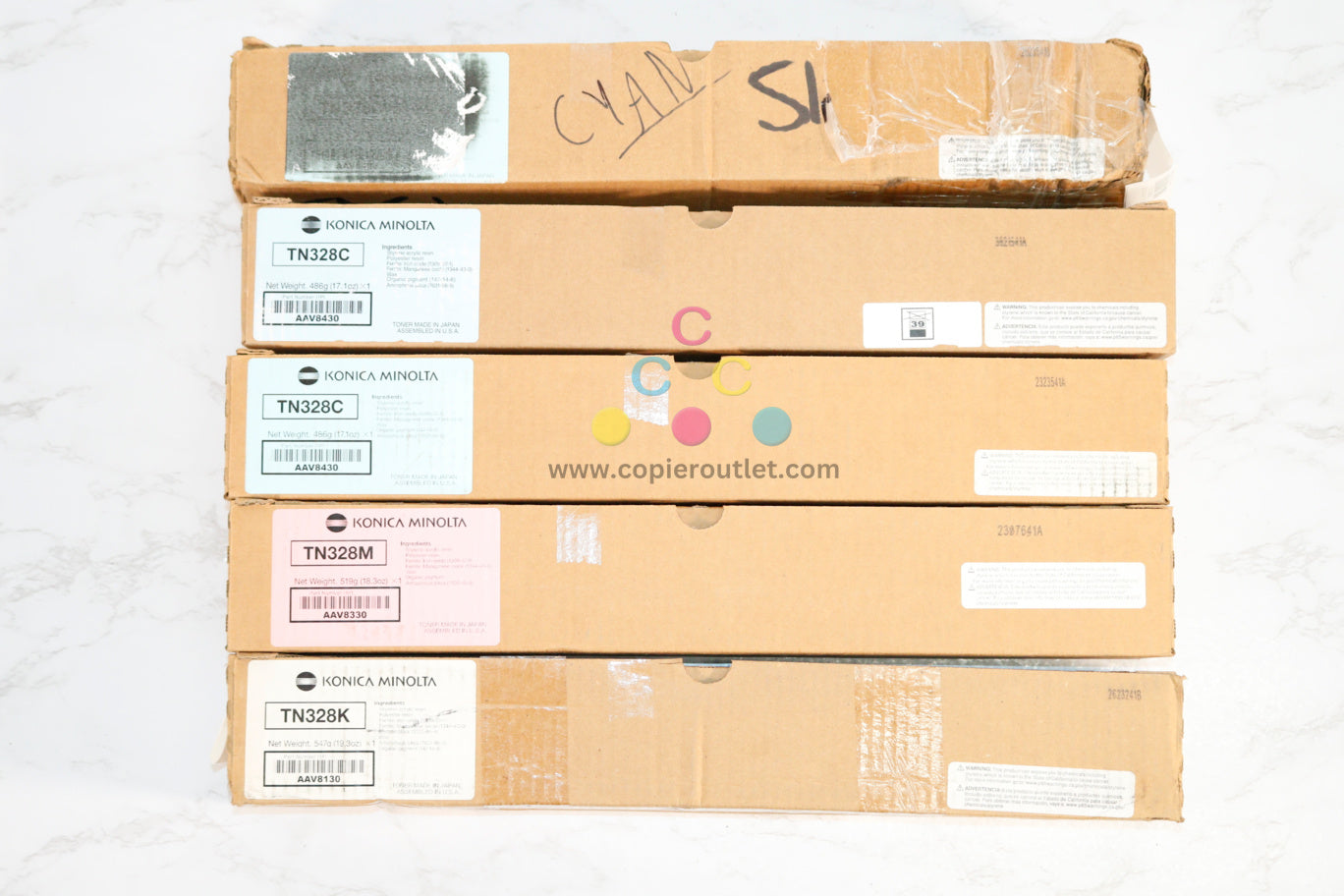 5 OEM Konica BH C250i,C300i,C360i TN328 CCCMK Toners AAV8430,330,130 (Plain Box)