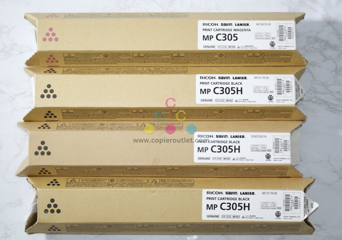 4 New OEM Ricoh MP C305 & C305H Magenta and Black Toners Cartridges 841592, 841261