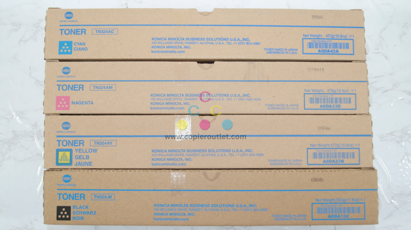 4 OEM Konica BH C258,C308,C368 TN324 AC,AM,AY,JK Toner Cartridges