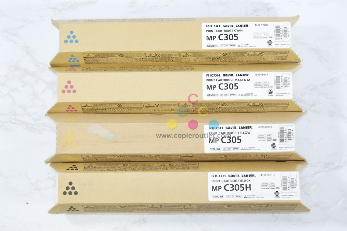 4 New OEM Ricoh MP C305, MP C305H CMYK Toners 841591,841592,841593,841621