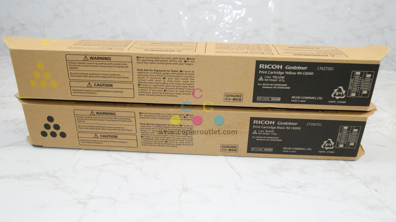 2 New OEM Ricoh IM C4500,C6000 Yellow & Black Toner Cartridges 842287, 842288