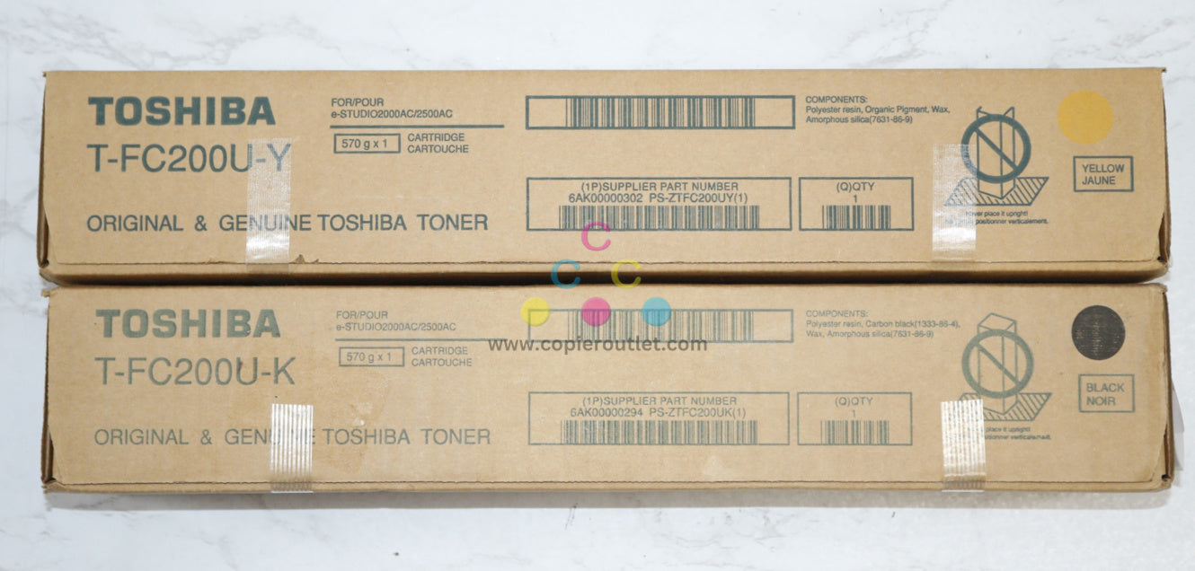 2 OEM Toshiba e-STUDIO2000AC, 2500AC Yellow & Black Toners T-FC200U-Y,T-FC200U-K