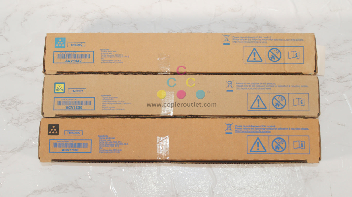 3 New OEM Konica BHC450i,C550i,C650i TN626 CYK Toners (TN626C,TN626Y,TN626K)