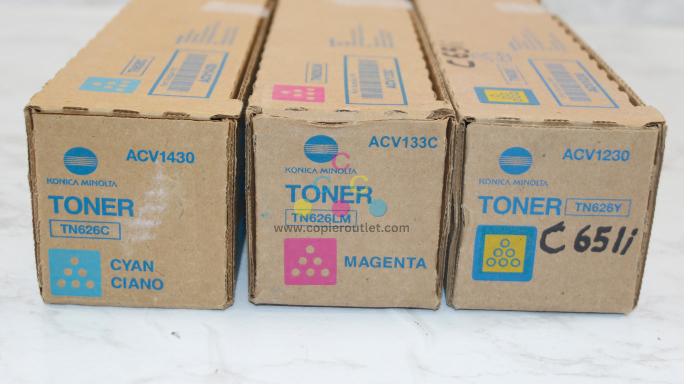 3 New OEM Konica Bizhub C450i/C550i TN626 C,LM,Y Toners ACV1230,133C,1430