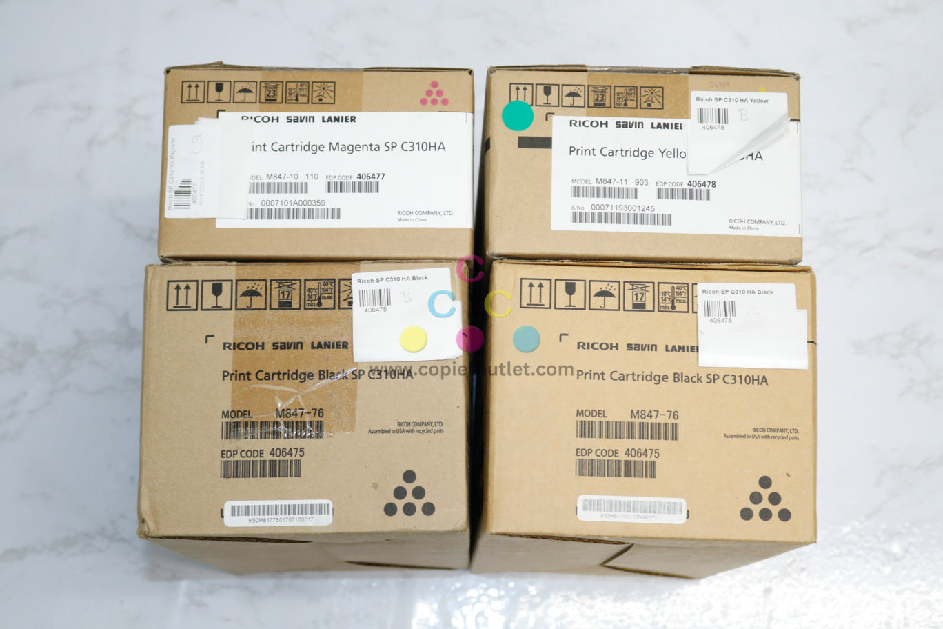 4 OEM Ricoh SP310HA,SPC231N,SPC232DN MYKK Hi Yield Toners 406475,406477,406478