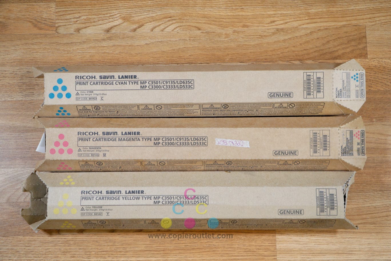 3 Open OEM Ricoh MP C3501,C9135,LD635C CMY Print Cartridges 841421,841422,841423