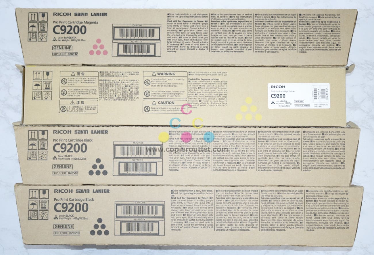 4 New OEM Ricoh Pro C9200, C9210 MYKK Toner Cartridges 828510,828512,828566