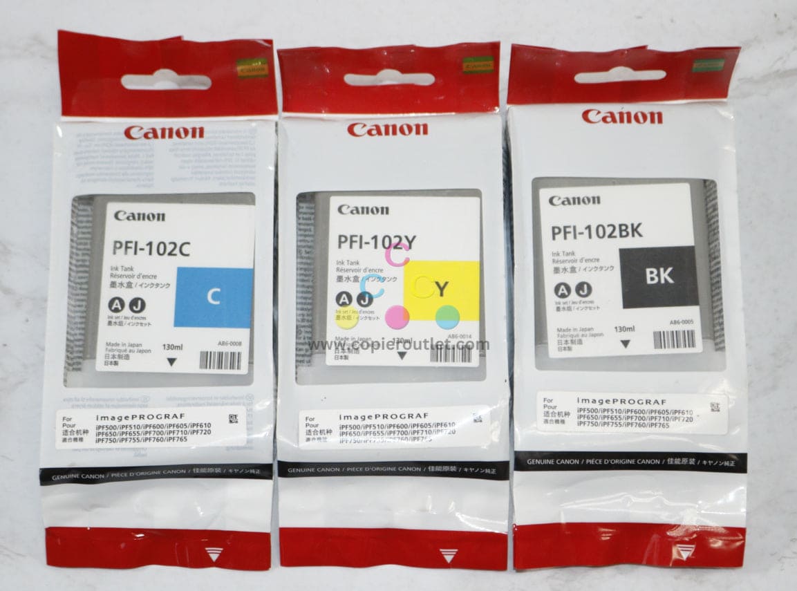 3 OEM Canon iPROGRAF 500,510,600,605,610 Ink Tanks PFI-102C, PFI-102Y, PFI-102BK