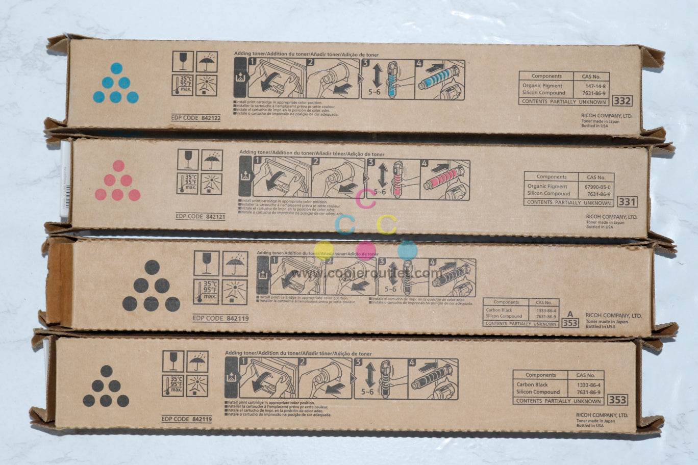 4 New OEM Ricoh MP C305, 305H CMKK Toners 842122, 842121, 842119 (No Yellow)