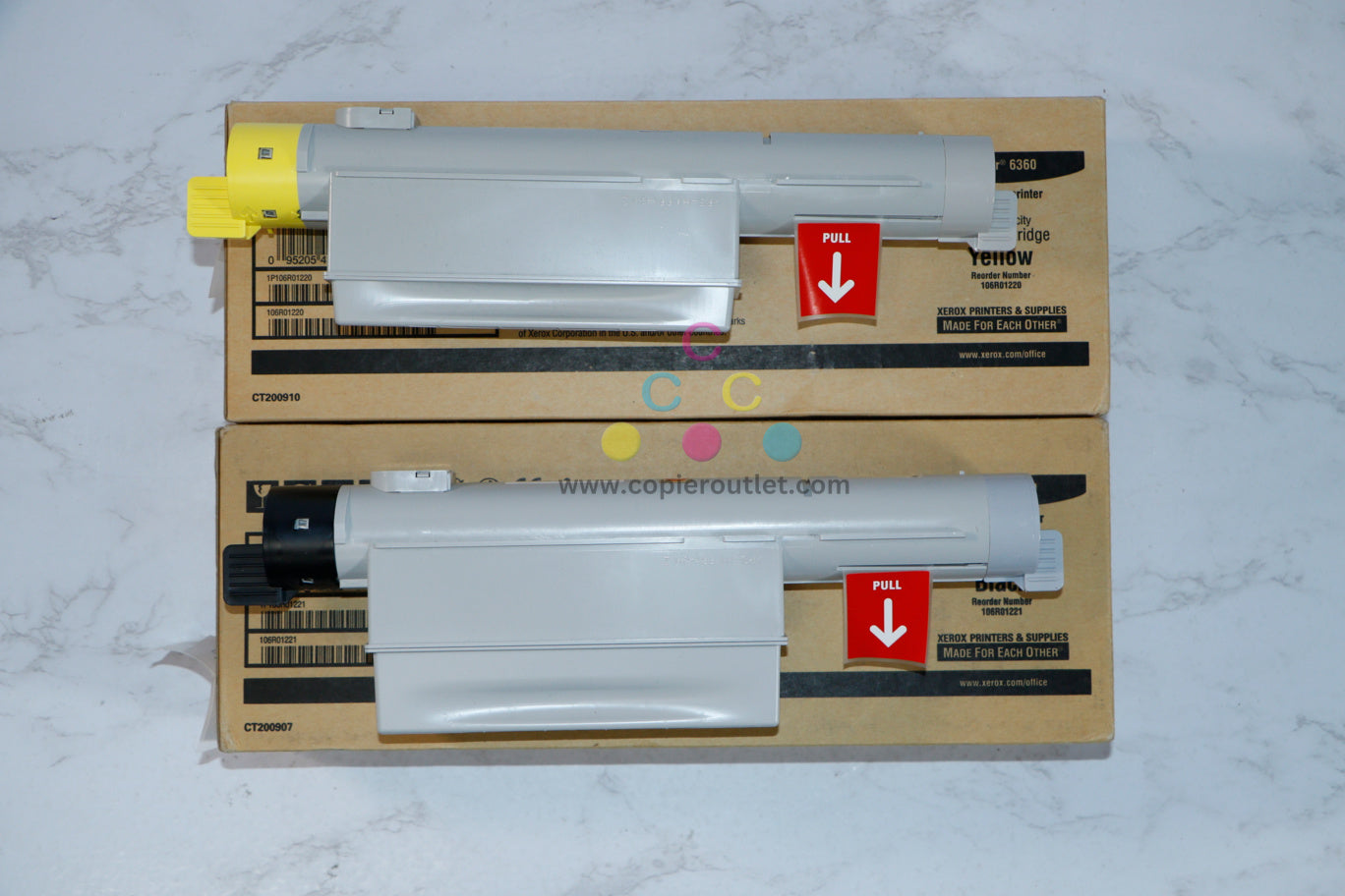 2 Open Xerox Phaser 6360 High-Capacity Yellow & Black Toners 106R01220, 106R01221