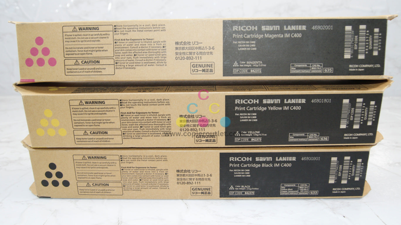 3 OEM Ricoh Savin Lanier IM C400  MYK Toners 842370,842372,842373