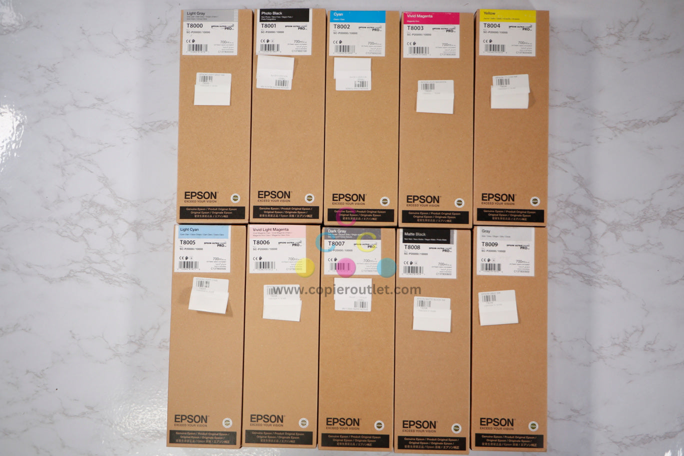 10 New OEM Epson SC-P20000,10000 Inks T8000 to T8009 LG,PBK,C,VM,Y,LC,VLM,DG,MBK,G