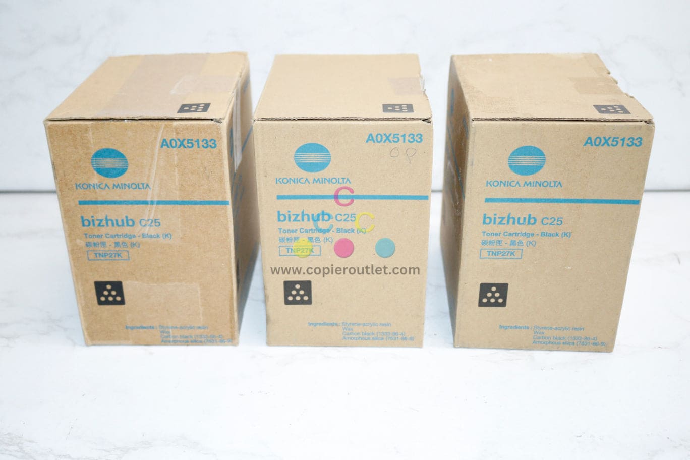 3 New Open OEM Konica Minolta Bizhub C25 Black Toners TNP27K, TNP-27K A0X51333