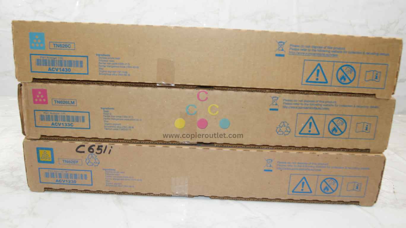 3 New OEM Konica Bizhub C450i/C550i TN626 C,LM,Y Toners ACV1230,133C,1430