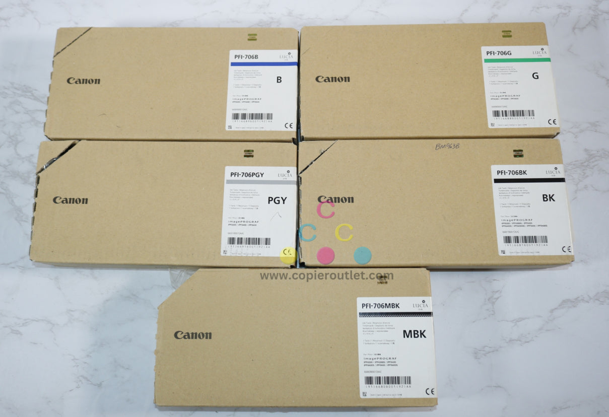 5 OEM Canon iPF8300,8400,9400 inks PFI-706MBK,PFI-706BK,PFI-706PGY,PFI-706G,PFI-706B