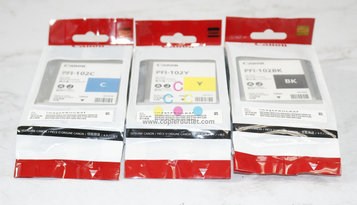 3 OEM Canon iPROGRAF 500,510,600,605,610 Ink Tanks PFI-102C, PFI-102Y, PFI-102BK
