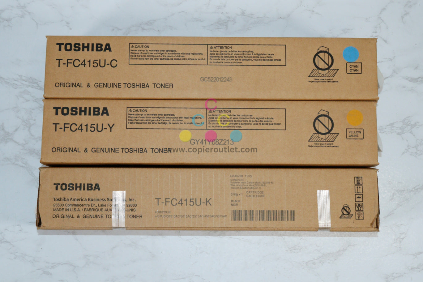 3 OEM Toshiba e-STUDIO 2515AC,3015AC,3515AC,4515AC CYK Toners T-FC415U-C,Y,K