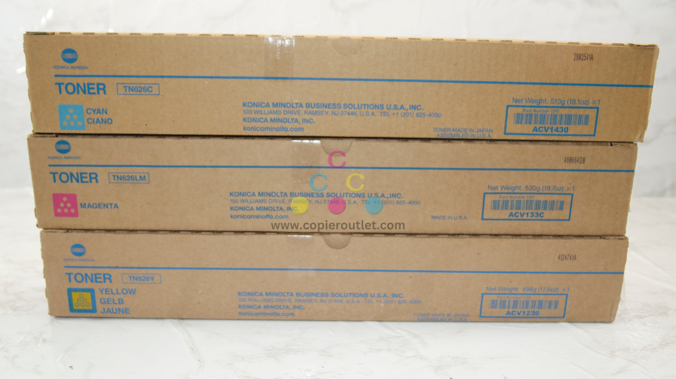 3 New OEM Konica Bizhub C450i/C550i TN626 C,LM,Y Toners ACV1230,133C,1430