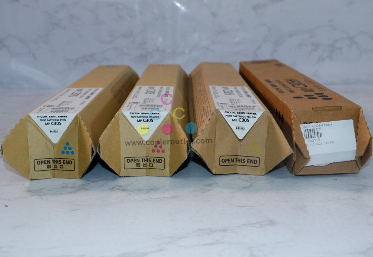 4 New OEM Ricoh MP C305 CMYK Toners 842119,841591,841592,841593 Same Day Ship