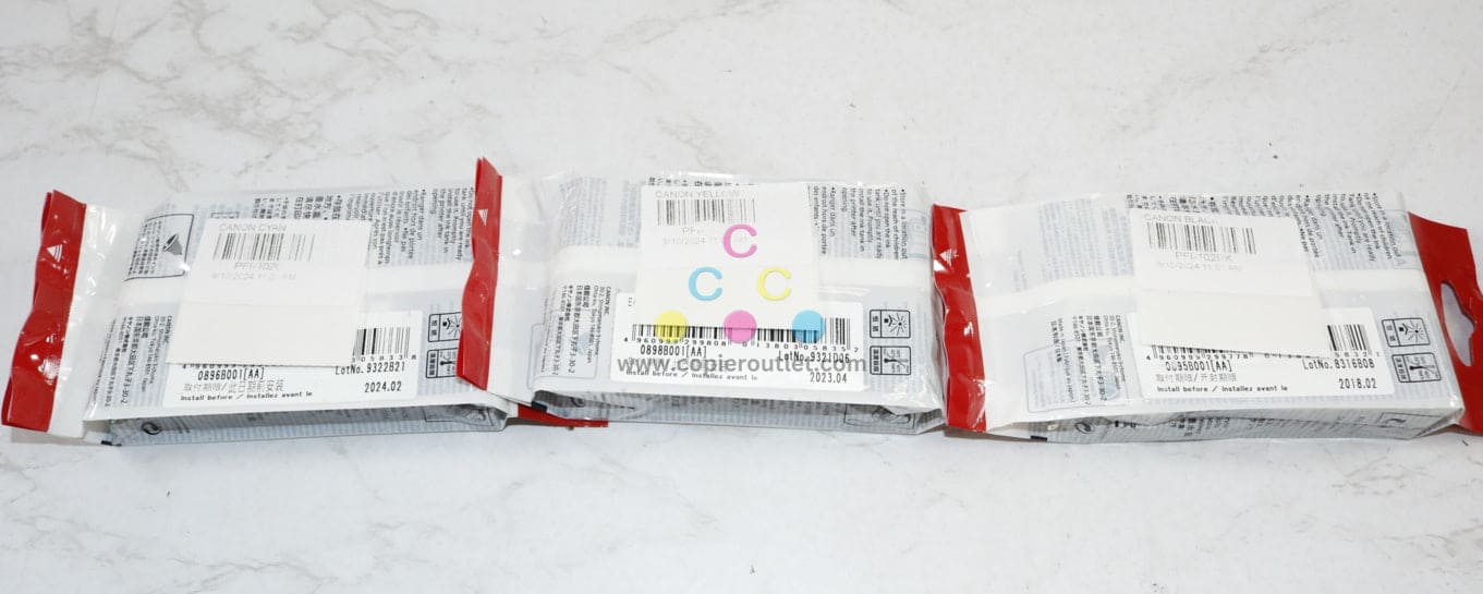 3 OEM Canon iPROGRAF 500,510,600,605,610 Ink Tanks PFI-102C, PFI-102Y, PFI-102BK