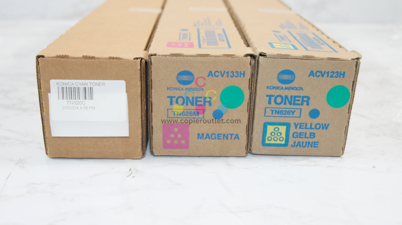 3 OEM Konica C450i,C550i,C650i TN626 CMY Low Yield Toners(Cyan in Plain Box)