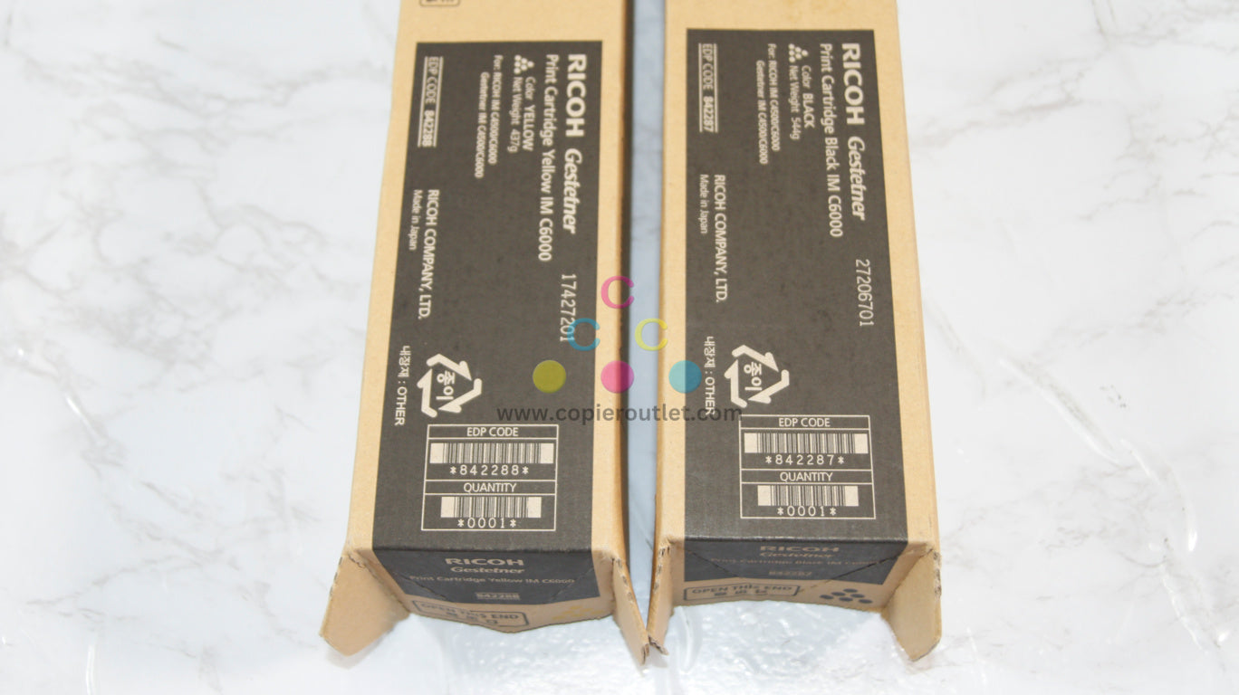 2 New OEM Ricoh IM C4500,C6000 Yellow & Black Toner Cartridges 842287, 842288