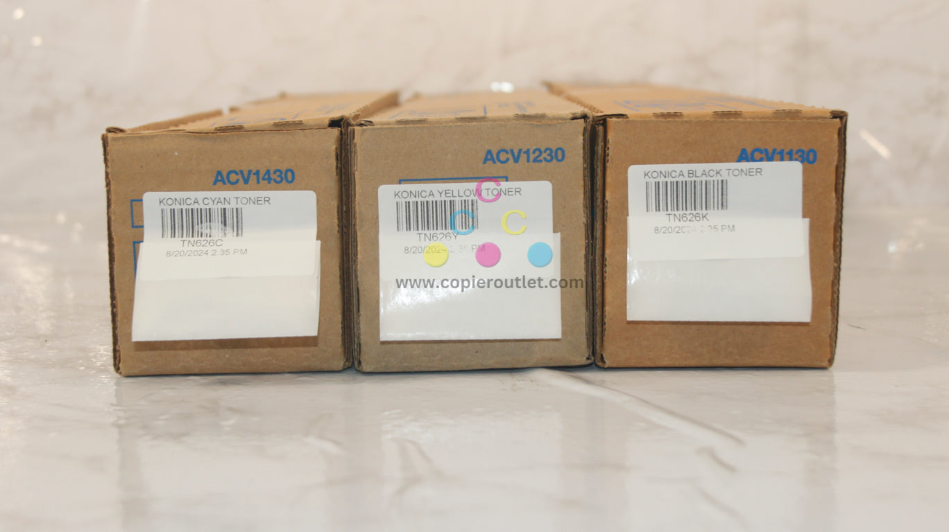 3 New OEM Konica BHC450i,C550i,C650i TN626 CYK Toners (TN626C,TN626Y,TN626K)