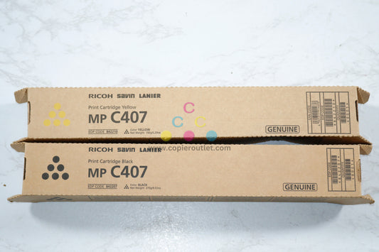 2 New OEM Ricoh MP C407 Yellow And Black Toner Cartridges 842207, 842210